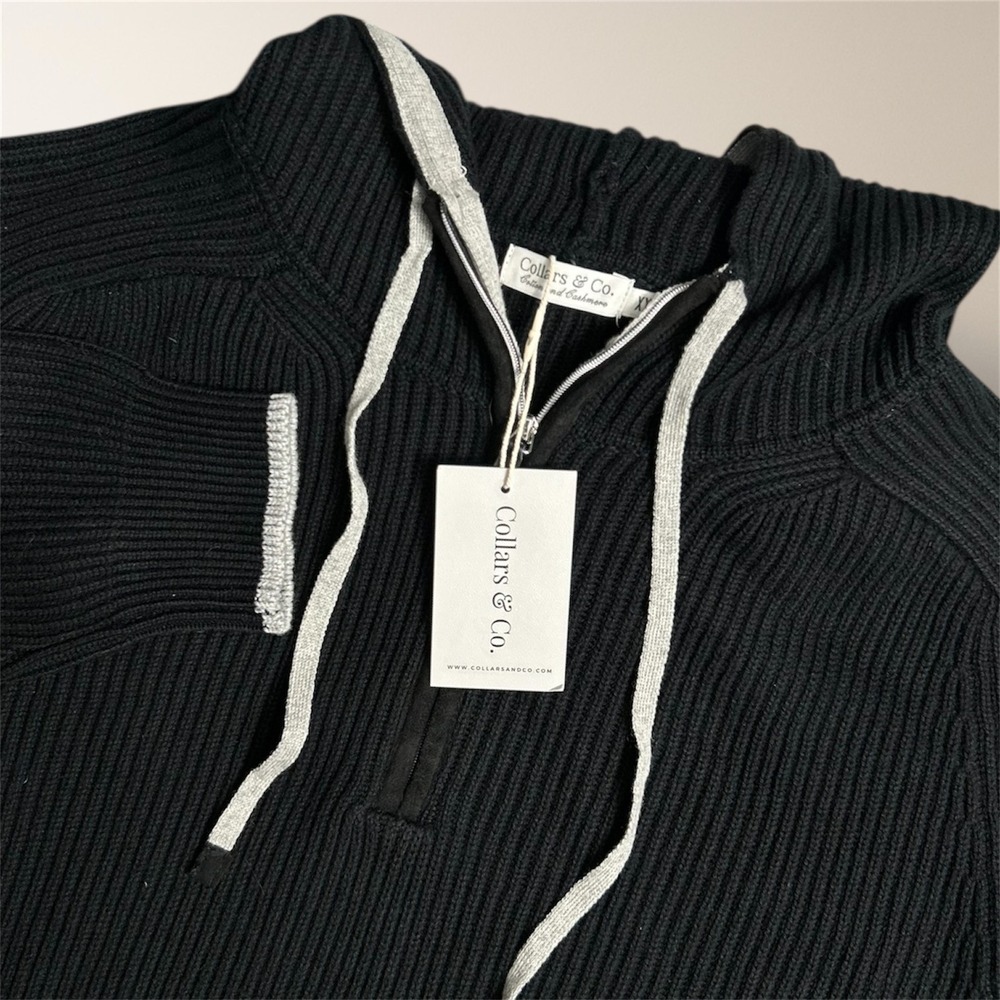 Collars & Co Mens 2XL Black Rib Knit Quarter Zip‎ Hooded Sweater Cotton Cashmere
